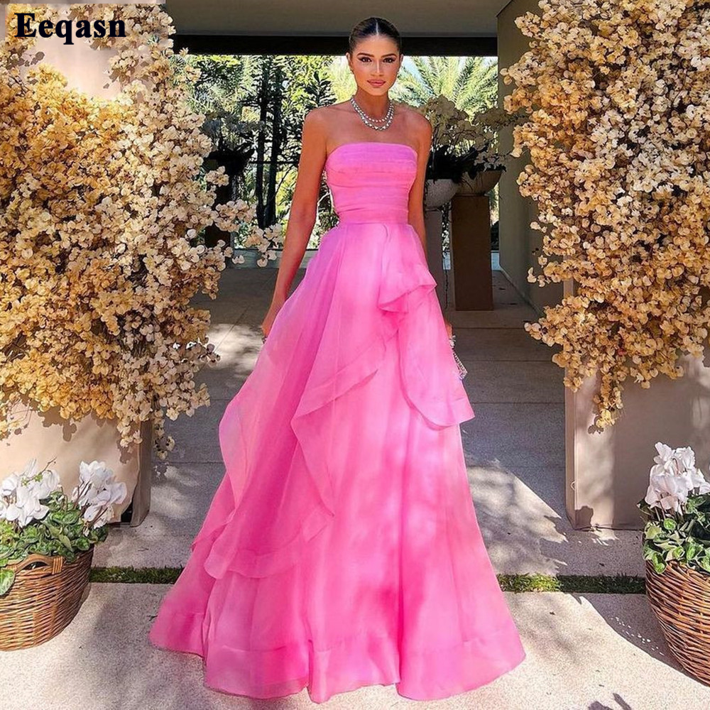 Vestidos de fiesta de organza con volantes de color rosa intenso personalizados, vestido de noche Formal plisado sin tirantes para mujer, vestidos de fiesta especiales, vestido de dama de honor