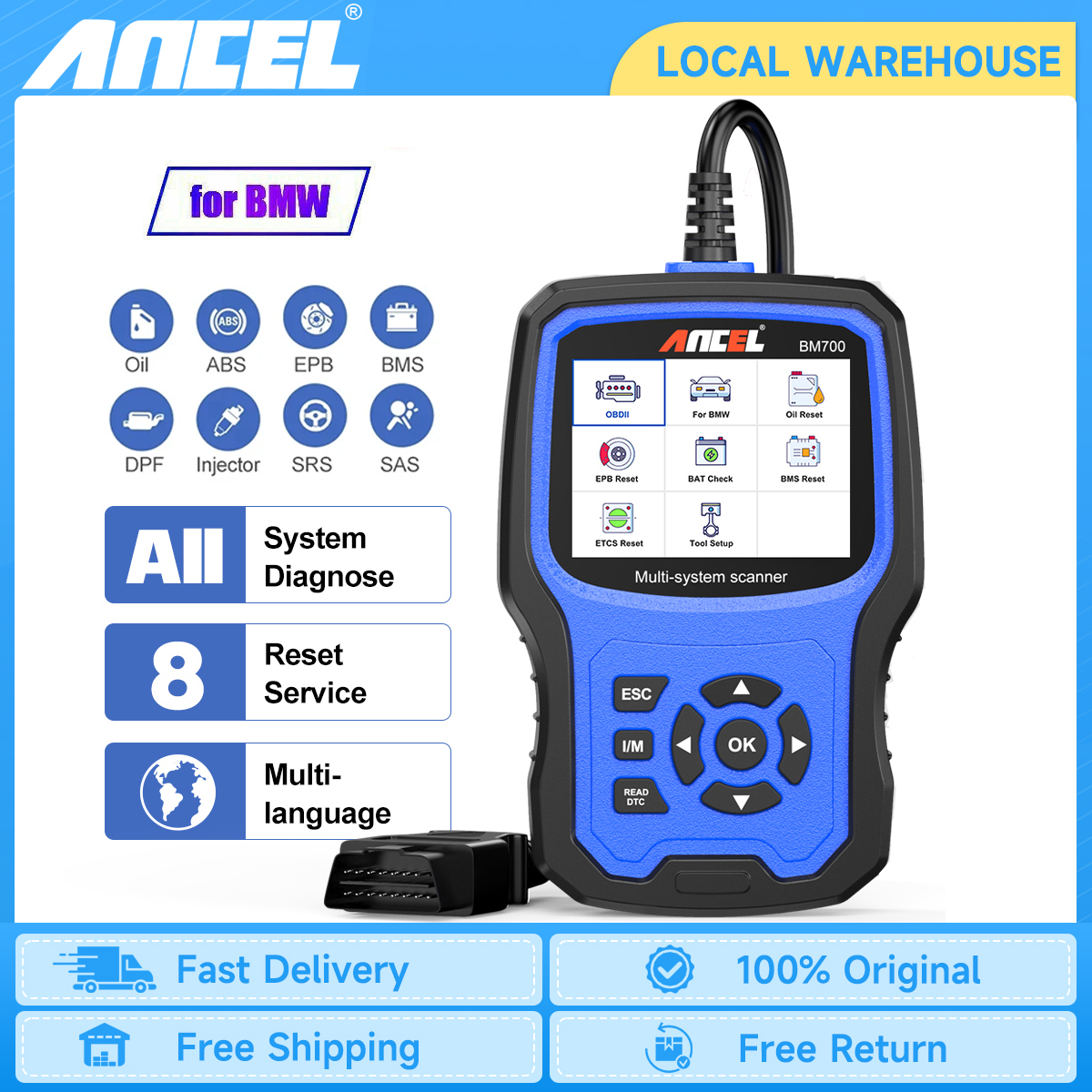 ANCEL BM700 OBD2 pemindai otomotif, alat diagnostik mobil pengodean injektor Reset oli TPMS kantong udara SAS EPB MINI untuk BMW/MINI