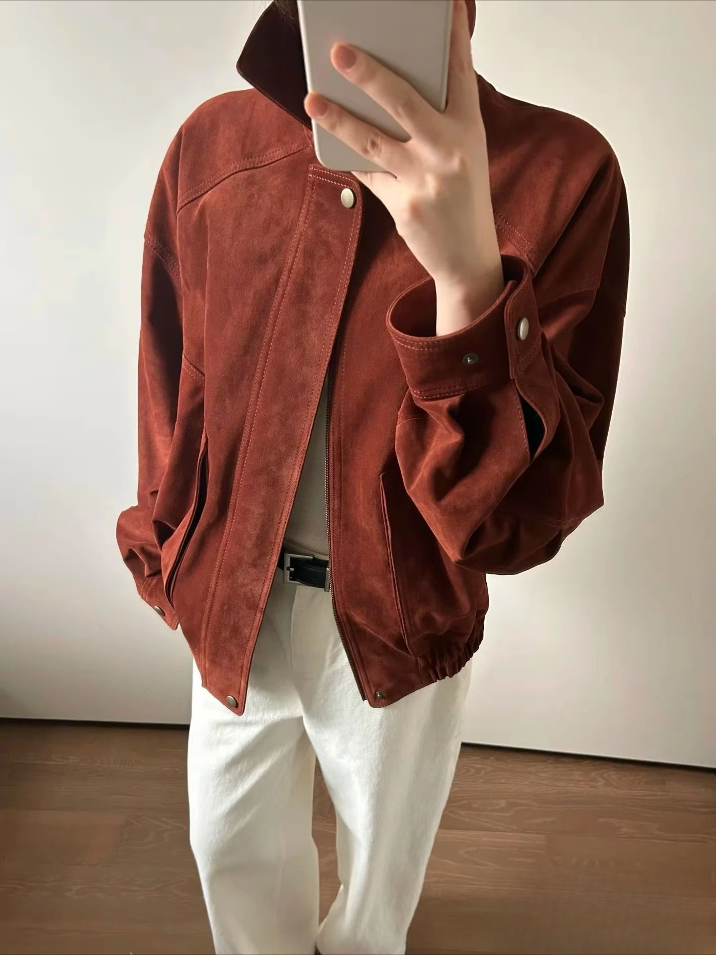 Retro vermelho high end importado camurça macia couro bombardeiro jaqueta mulher pescoço quadrado dobrado manga bolso 100% casaco de camurça topo