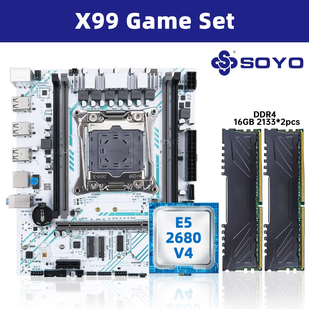 Soyo x99 placa-mãe lga 2011-3 conjunto kit xeon e5 2680 v4 processador cpu 32g = 2*16g ddr4 reg ecc memória ram m.2 nome para computador