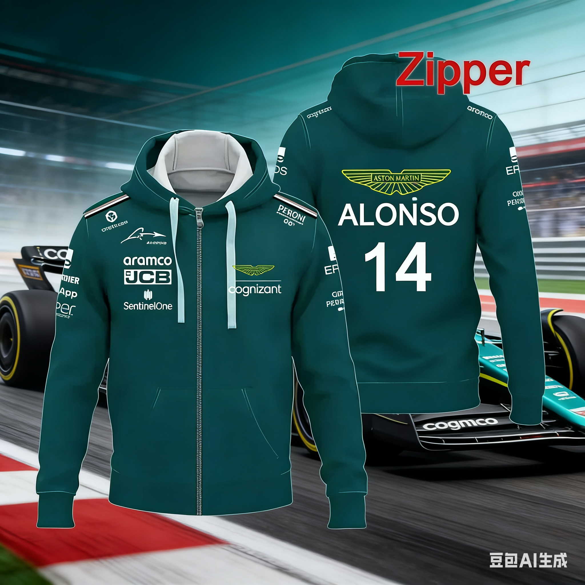 Новая гоночная куртка Aston Martin Alonso №14 с капюшоном на молнии, командная версия, 2026 год