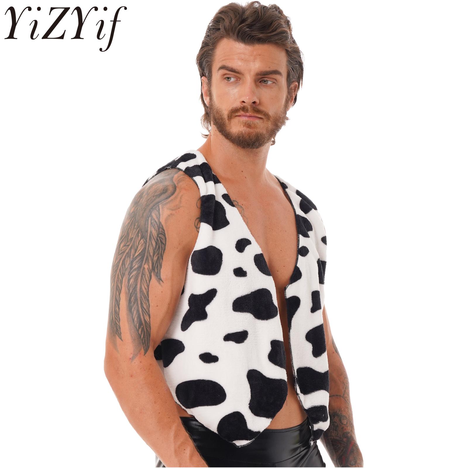Men's Western Cow Print Waistcoat Adult Vintage Hippie Costumes Sleeveless Vest for Western Saloon Theme Party Costume