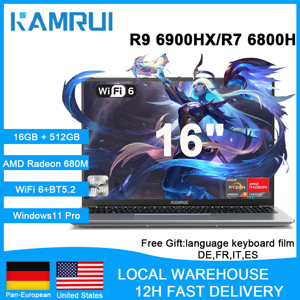 KAMRUI Gaming Laptop 16 inch FHD AMD Ryzen 9 6900HX/R7 H 255 24GB DDR5 512GB M.2 SSD Radeon 680M WiFi 6 Win11 Pro Verlichte toetsenbord