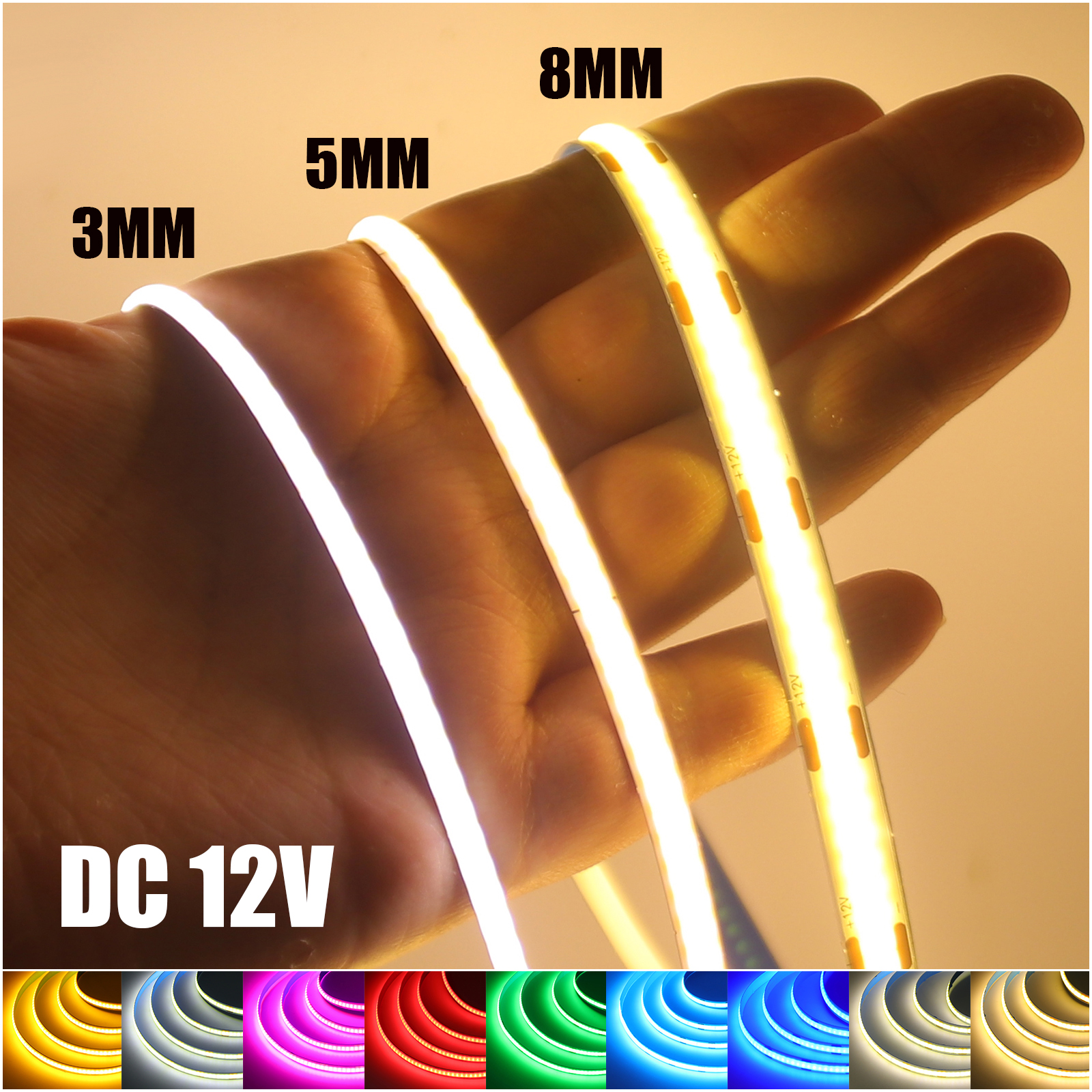 Tira de luces LED COB de 12V CC para decoración del hogar, 3MM, 5MM, 8MM, 0,5-5M, 9 colores blanco/rojo/azul/rosa/verde, cinta Flexible, cuerda de retroiluminación de TV