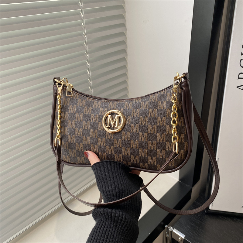 Vintage Style Handbag Crossbody Bag, Gold Letter 'M' Design Pu Leather Shoulder Messenger Bag, Synthetic Leather Tote Bag, Purse