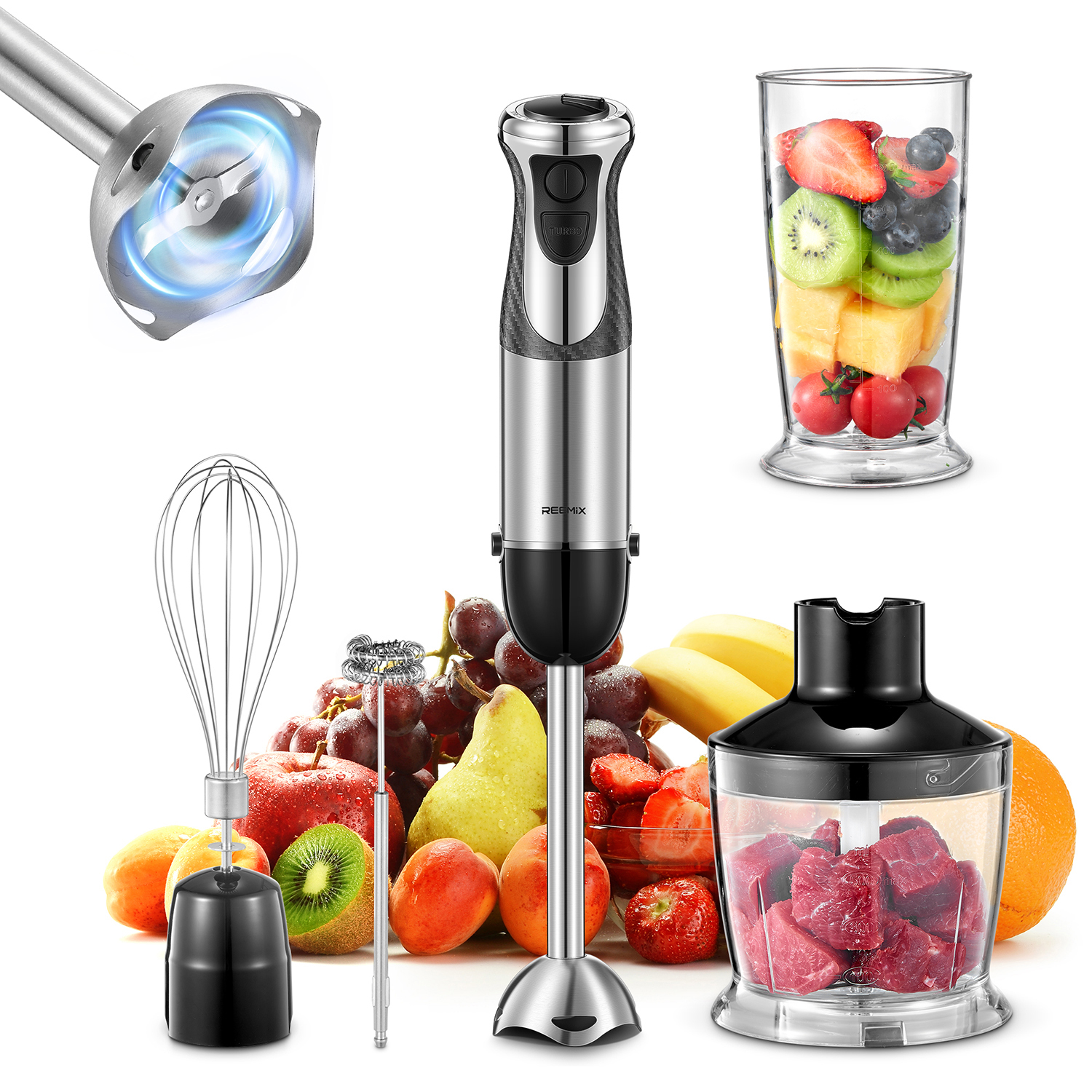 Staafmixer 1000 W, Reemix 5-in-1 elektrische staafmixer, koperen motor roestvrijstalen mes staafmixer mixer met turbomodus