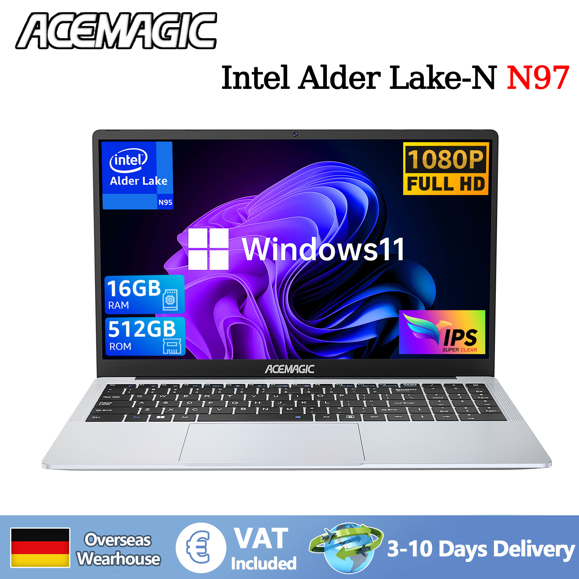 15,6" Ultra Slim Laptop 16 GB RAM 512 GB SSD Intel N97 Notebook Gamer 1920*1080 Wyświetlacz Biuro Studia Komputer PC Windows 11 Pro