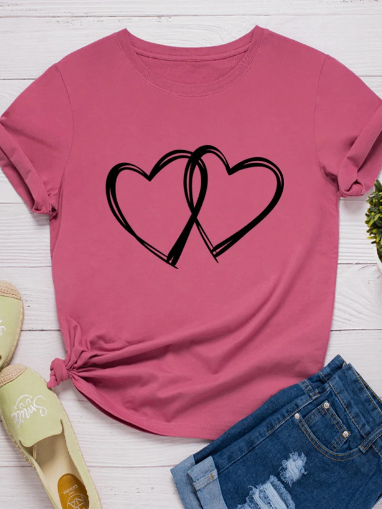 T-shirt da donna con stampa a doppio cuore manica corta o collo maglietta da donna allentata maglietta da donna moda top vestiti Camisetas Mujer