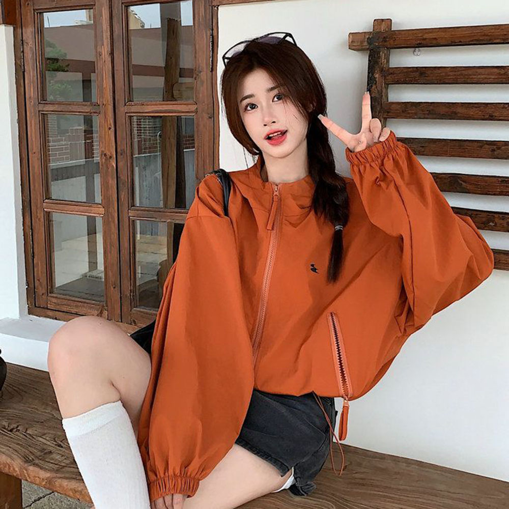 Autumn 2024New Short Hooded Jacket for Women Clothing Drawstring Zipper Tops Loose Versatile Coat Female Casual Orange Outerwear