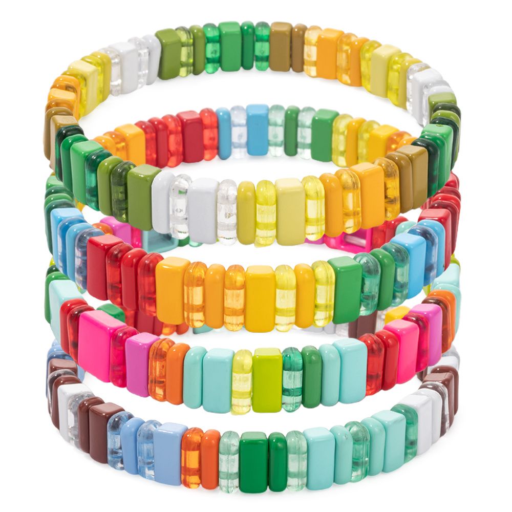 Pulseras esmaltadas para mujer, brazalete elástico con cuentas coloridas, cuentas cuadradas, accesorios de joyería de mano bohemios, novedad de 2024