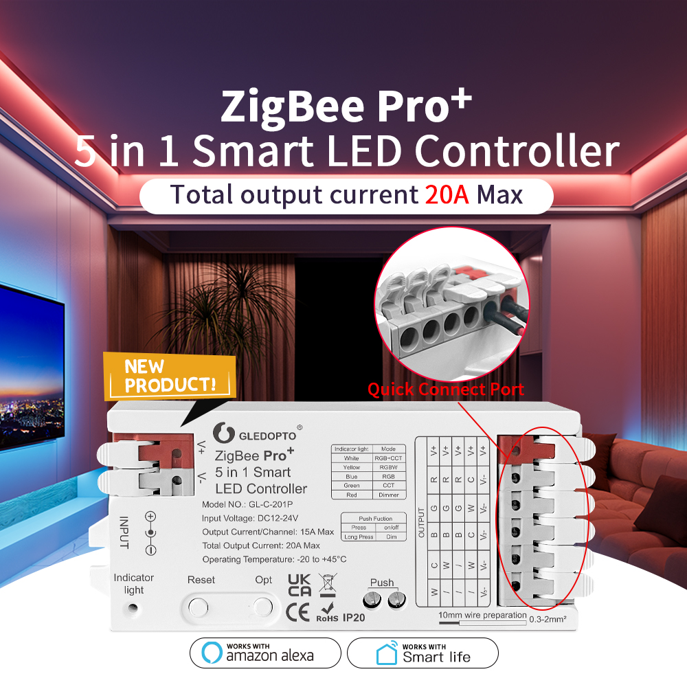 GLEDOPTO ZigBee 3.0 Pro+ 2-in-1 / 5-in-1 LED-Streifen-Controller 20A Max RGBCCT/RGBW/RGB/CCT/Dimmer Alexa Homey APP Sprachsteuerung