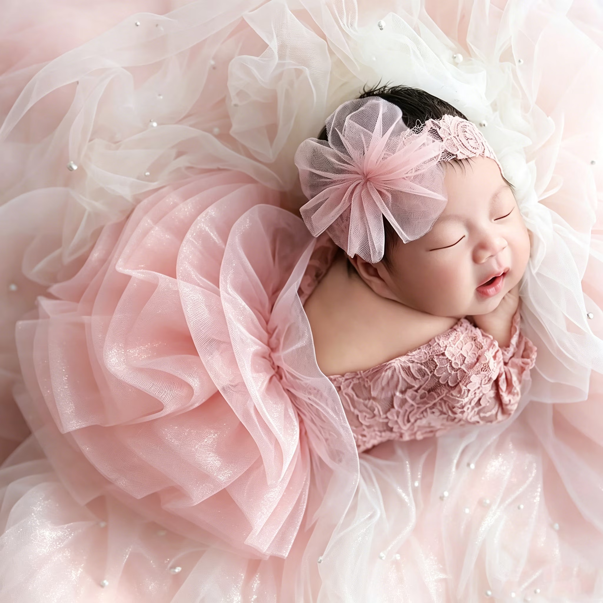 Ylsteed 2-teiliges Set, staubiger rosa Spitzen-Strampler für Neugeborene für Fotoshootings, flauschige Mesh-Spitzen-Fotografie-Outfits mit Stirnband