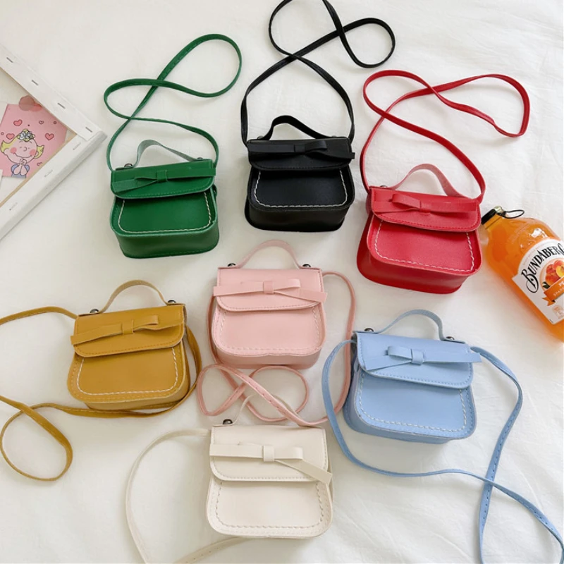 Bolso de hombro con lazo para niños, monedero pequeño de cuero Simple, bolsos cruzados de Color sólido, bolsos de mensajero para niñas