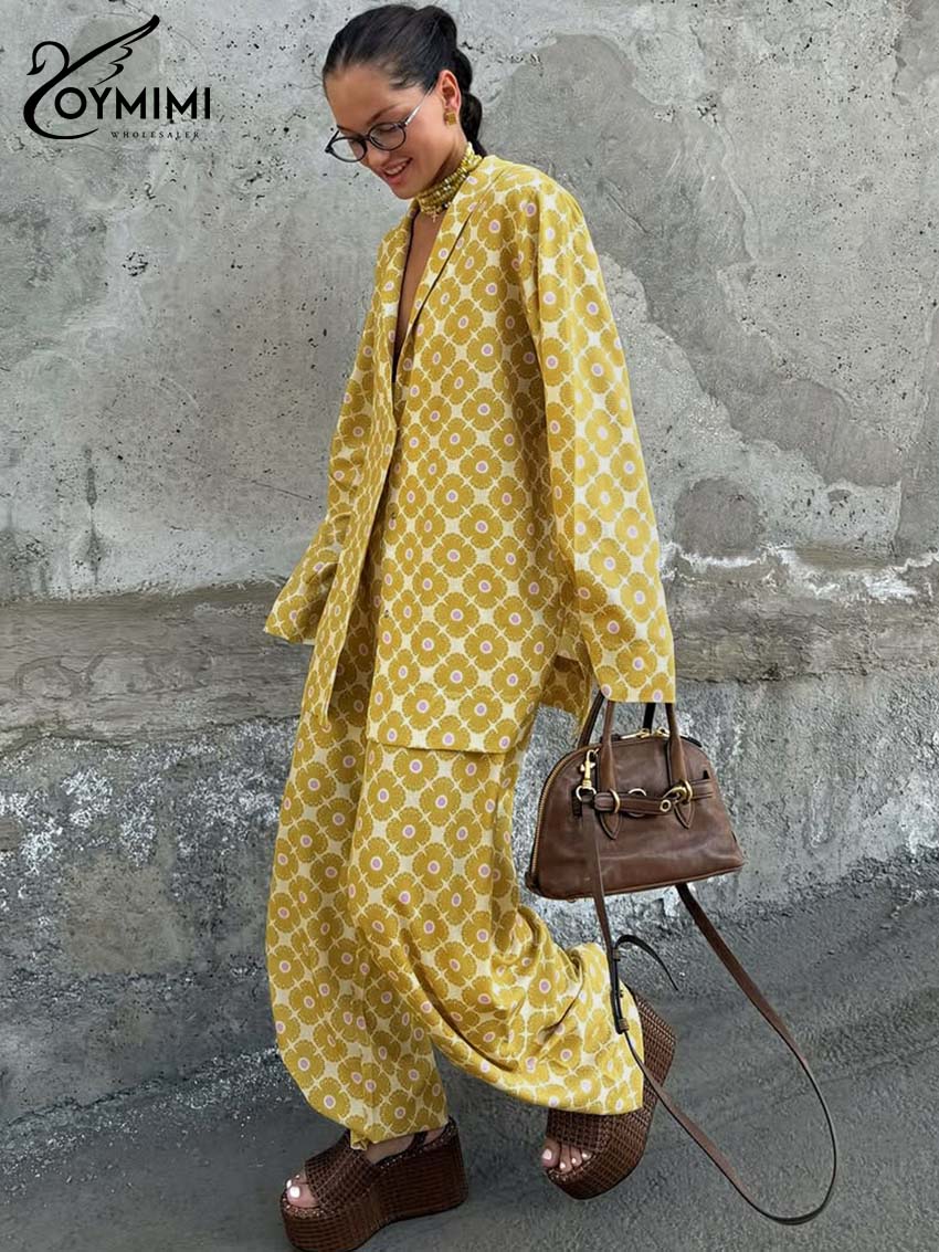 Oymimi Elegant Yellow Print Woman 2 Piece Set Outfit Fashion Long Sleeve Single Breasted Side Slit Shirts And Loose Trousers Set
