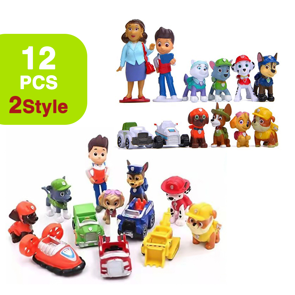 12 szt. Figurki Anime Psi Patrol Psi Patrol Kreskówka PVC Model Lalka Zabawka Samochodowa Piesek Prezent Urodzinowy Świąteczny dla Dzieci