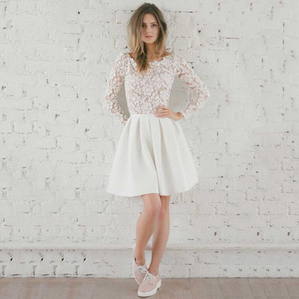 Vestido de novia corto de encaje con Espalda descubierta, minivestido Sexy de manga larga con cuello de Joya, moderno, a la venta, 2023