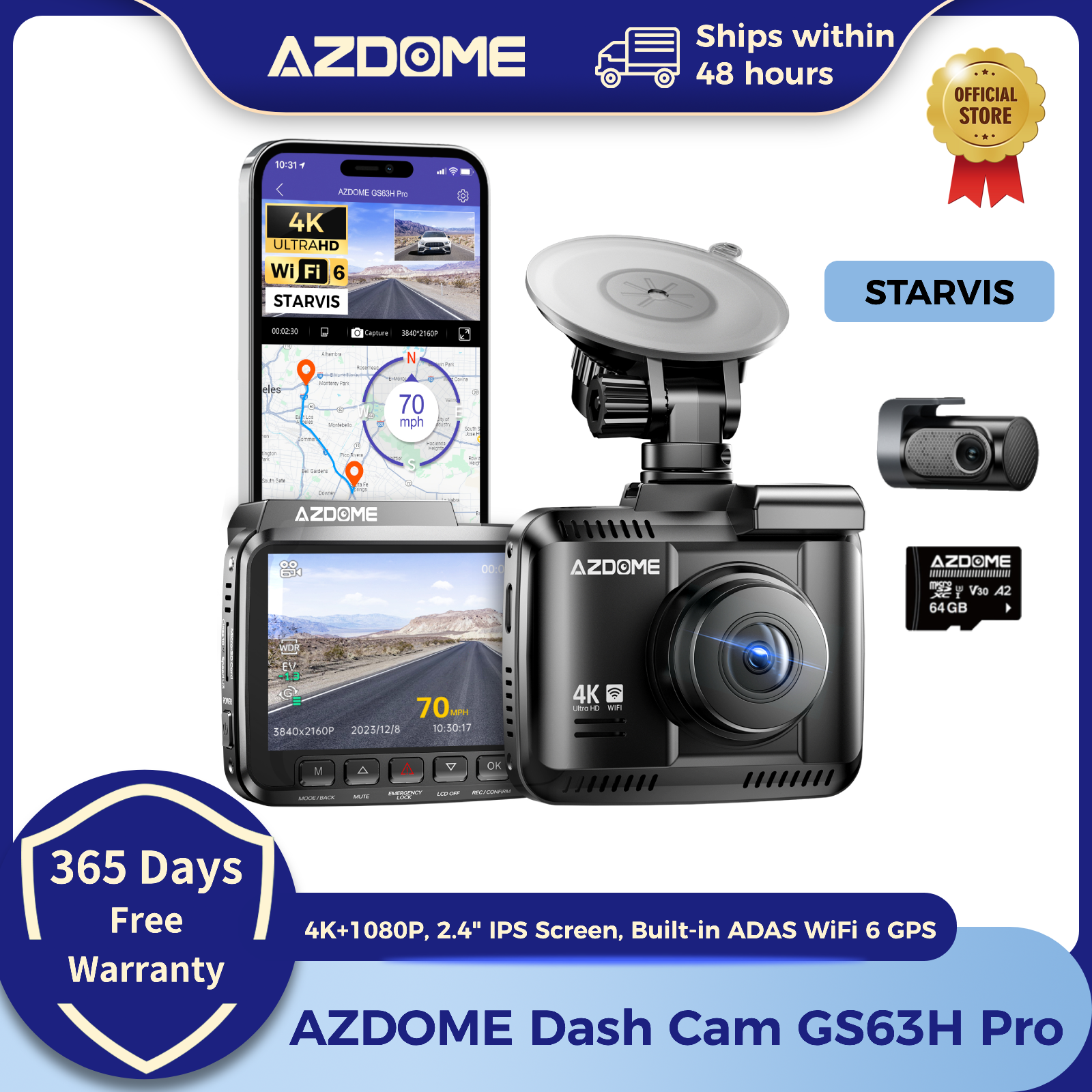 AZDOME Dash Cam GS63H Pro 4K+1080P 2.4" หน้าจอ IPS 150 ° FOV ADAS WiFi 6 GPS ในตัว DVR รถ G-Sensor 24H ที่จอดรถ Camare