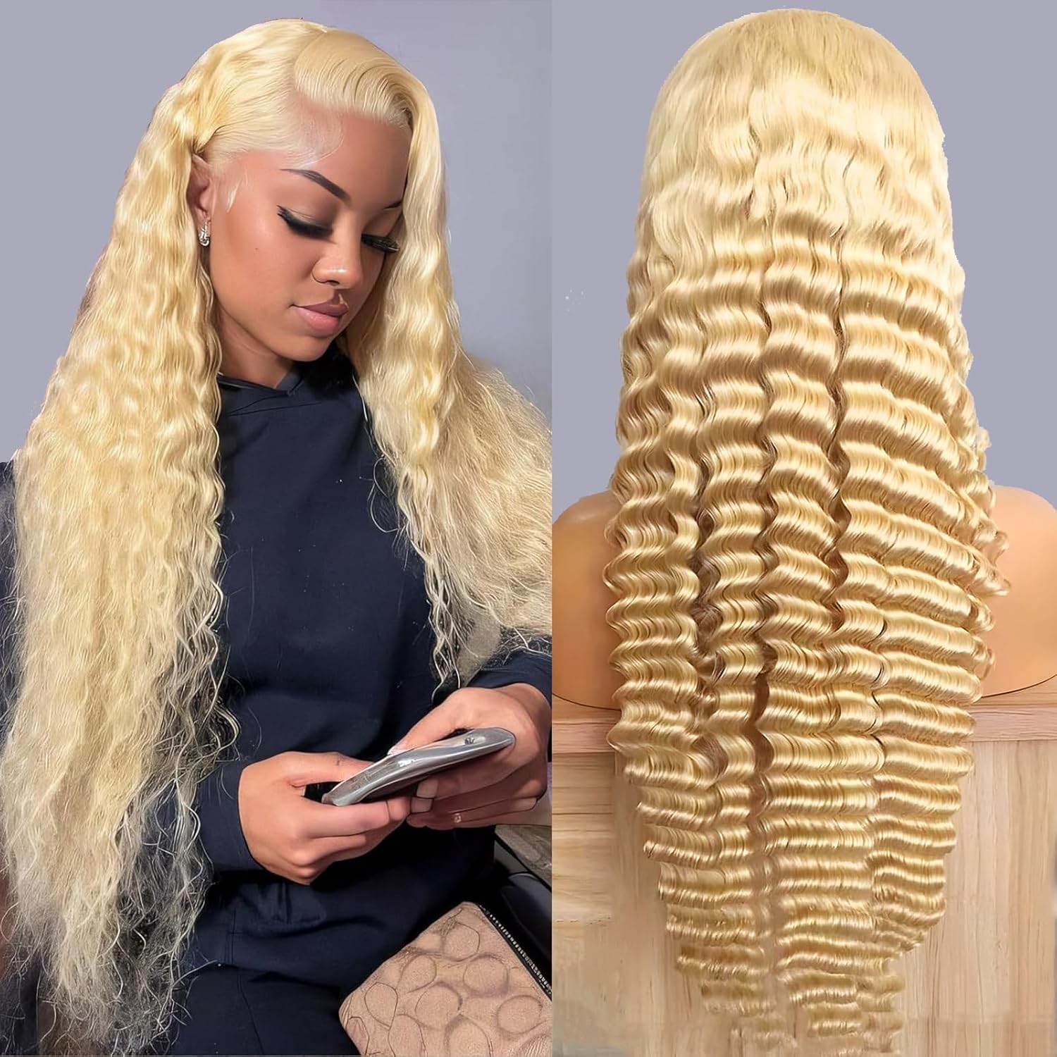 Peluca rubia de cabello humano 613, peluca frontal de encaje de 40-42 pulgadas, 200% de densidad, rubio rizado profundo, pelucas frontales de encaje HD 13x4 pre-arrancadas, pelucas frontales de encaje de onda profunda para mujeres afroamericanas