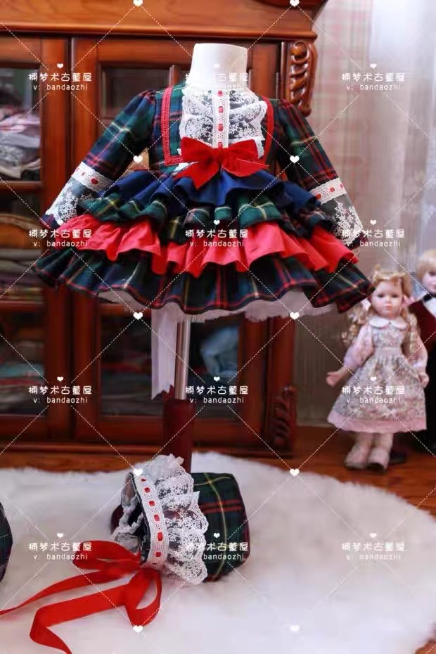 0-12Y 3PCS Baby Meisje Herfst Winter Rode Plaid Vintage Spaanse Engeland Prinses Baljurk Jurk voor Eid Causale Kerst C274