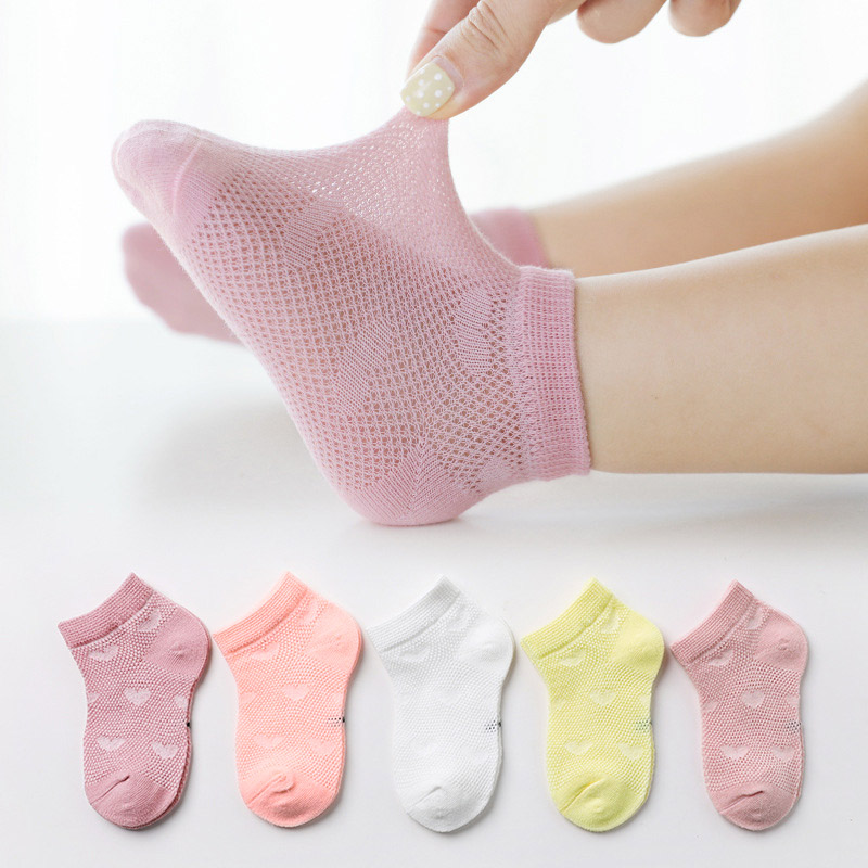 5 ペア女の子靴下かわいいハート柄メッシュ通気性ソフト快適なベビー子供キッズアンクルソックス