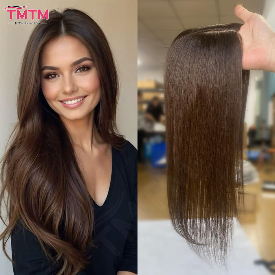 Extensiones de Cabello Humano Liso de 10x12CM para Mujer, Cubierta Transpirable de Cabello Humano con 4 Clips