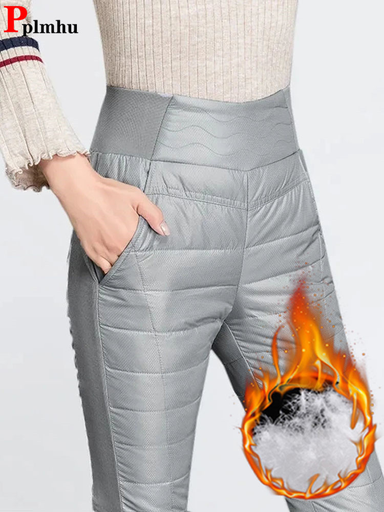 Pantalones de chándal cálidos de cintura alta para mujer, pantalones de algodón elásticos ajustados informales, ropa para la nieve, pantalones elegantes gruesos de retales clásicos para invierno