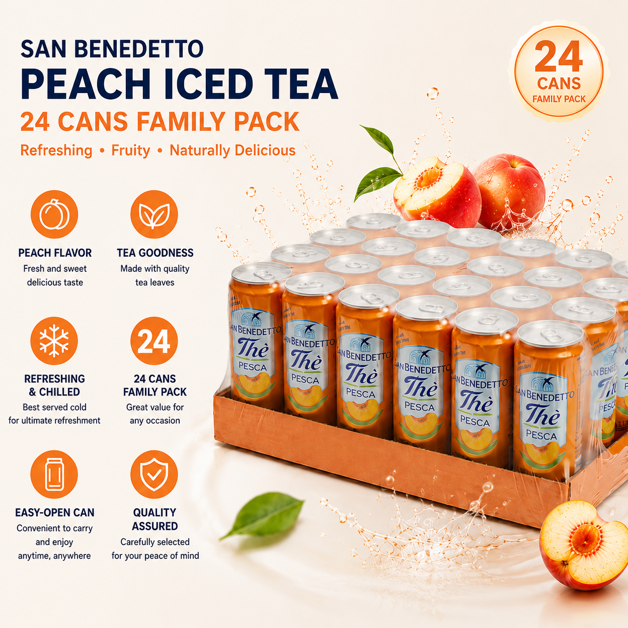 San Benedetto Italiaanse Perzik IJsthee, op basis van natuurlijk mineraalwater, glutenvrij & zonder kleurstoffen, 24 blikjes x 330ml