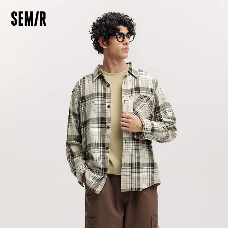 Camisa de Manga Larga Semir para Hombre, Algodón Puro, Diseño a Cuadros, Prenda Exterior, Nueva Colección Primavera 2025, Estilo Holgado y Versátil