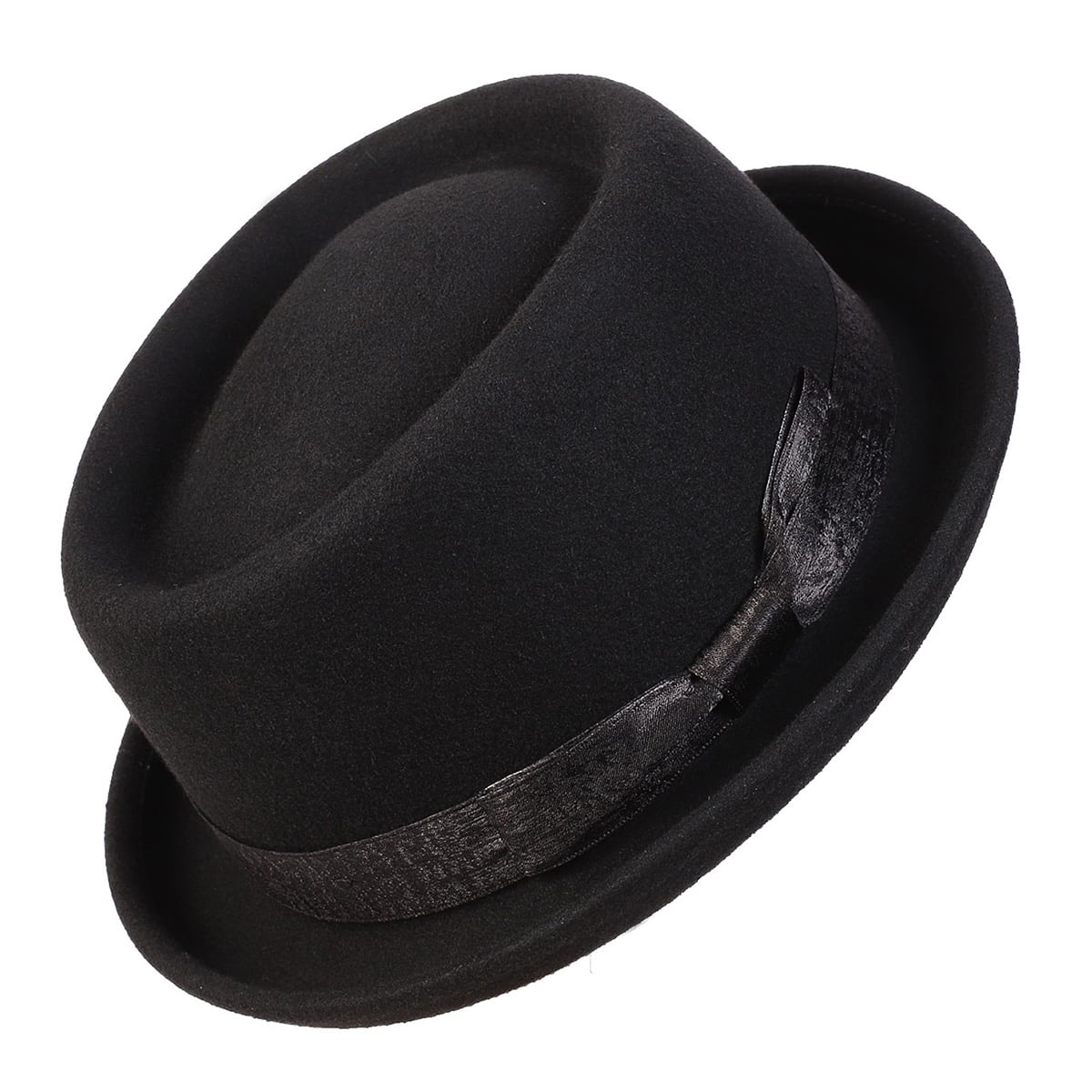 2024 สีดําหมูพายหมวกขนสัตว์ Felt Bow Mens Fedora แจ๊สหมวกโบสถ์ปานามา Gangsters หมวกสุภาพบุรุษแฟชั่นหมวก Porkpie