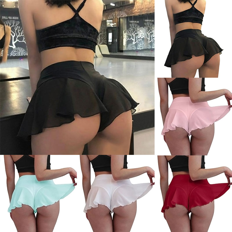 Mulheres Sexy Sheer Ruffles Mini Saia, Shorts de Cintura Alta Transparente, Esportes Fitness de Verão, Yoga Dance Calças Quentes, S a 3XL