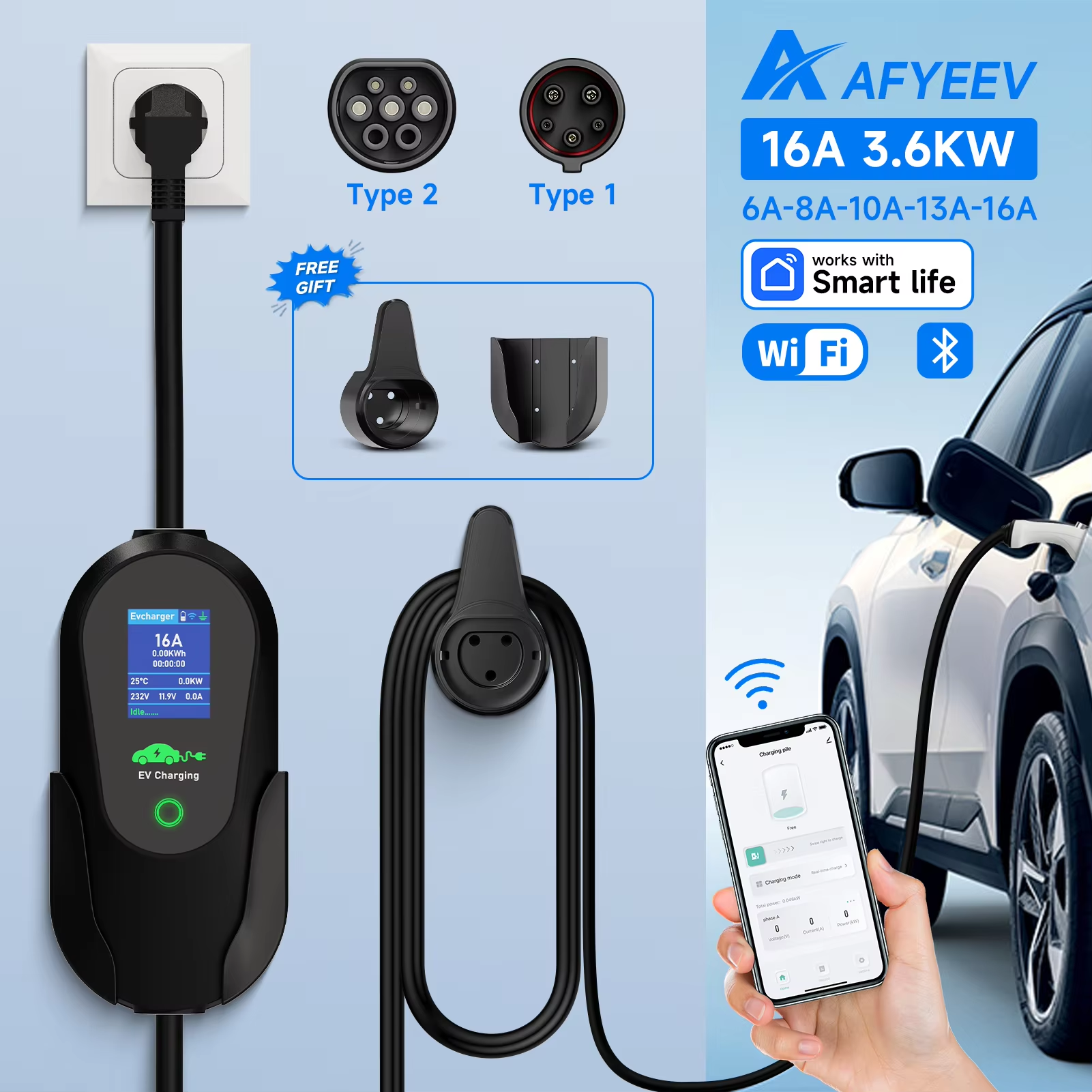 Afyeev 3600w portátil tipo 2 IEC62196-2 ev carregador type1 sae j1772 carregador de carro elétrico plugue da ue wifi bluetooth controle app