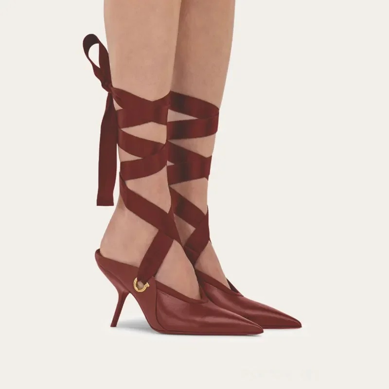 ยุโรปอเมริกาผู้หญิงรองเท้าส้นสูงรองเท้า 2025 ผู้หญิง Pointed Toe ข้อเท้าตื้น Riband Stiletto ปั๊ม Mujer รองเท้าแตะ tacones