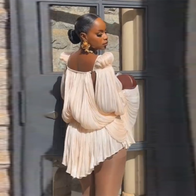 Satijnen off-shoulder geplooide minikleding voor dames, modieus met pofmouwen, getailleerde taille, feestjurk, 2026 NIEUW lente damesjurken
