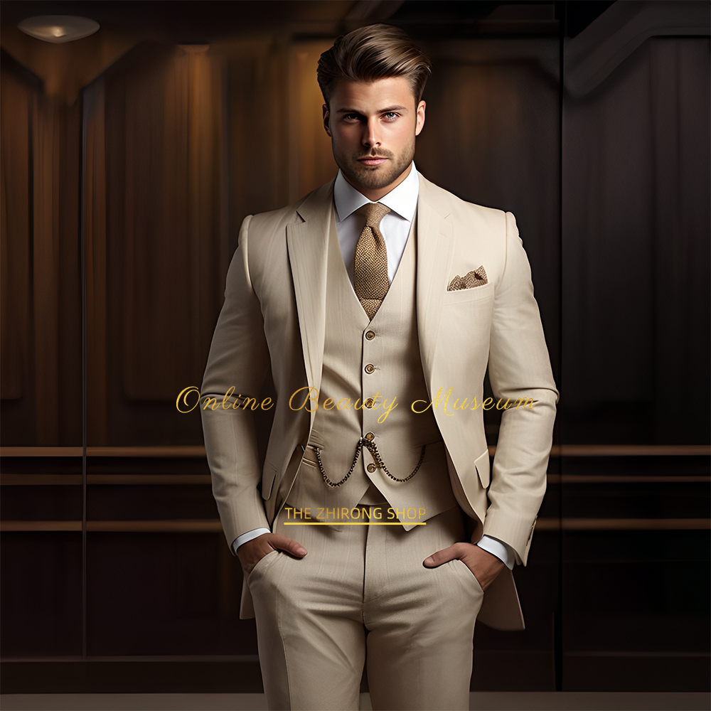 Khaki-Herrenanzug (Jacke + Weste + Hose), modischer und eleganter Stil, hochwertiges maßgeschneidertes Kleid für Hochzeitsfeiern