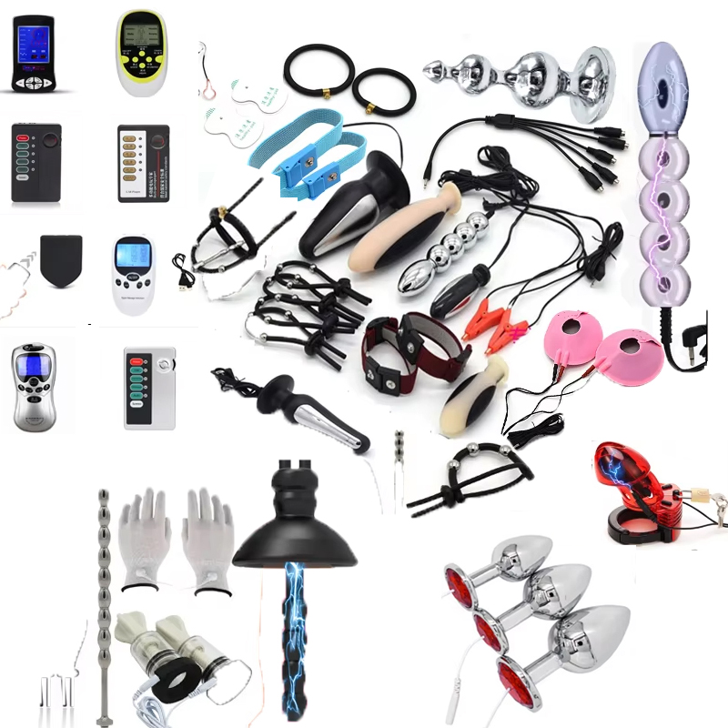 Juguetes sexuales de estimulación eléctrica, jaula para pene, tapón Anal, anillo, pinza para pezón, Clip para labios, rodillo SM
