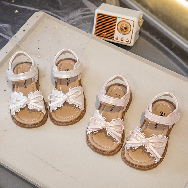 Sandali estivi da ragazza con fiocco in pizzo, punta aperta, scarpe da spiaggia per bambini, calzature per bambini con suola morbida, antiscivolo, flessibili