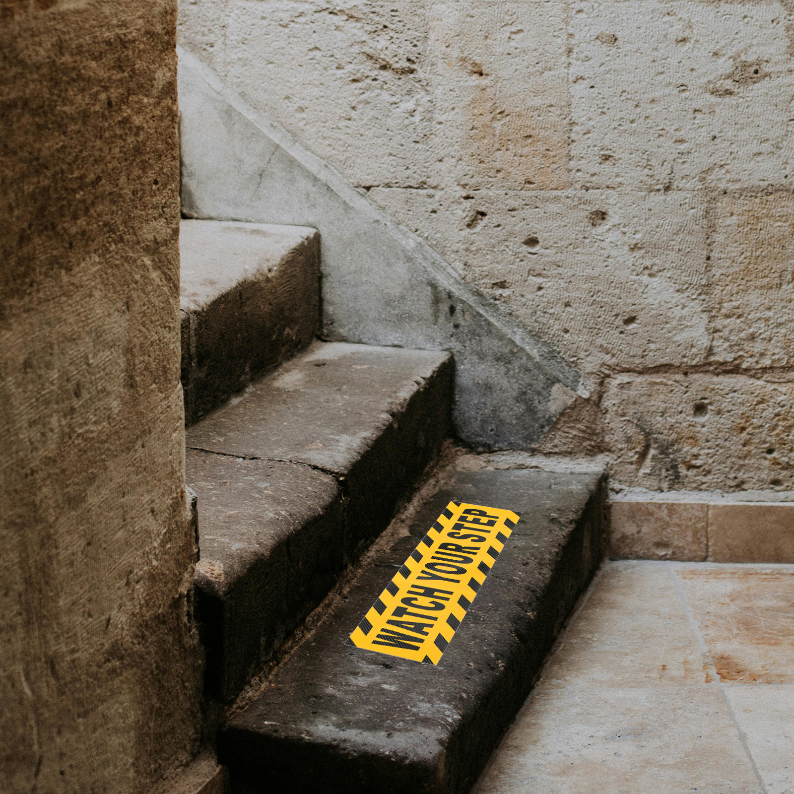 4Pcs Watch Your Step Floor Decals Non Slip Safety Stickers Bold Text Yellow Black Hazard Alert Signs for Indoor Outdoor Walkways