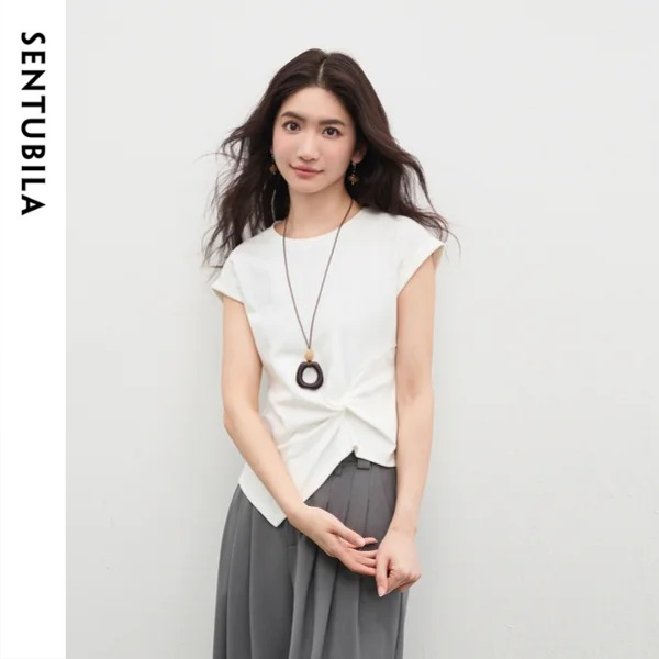 SENTUBILA Women's 100% Cotton White T-Shirt 2026 Summer New Crew Neck Twist Front Asymmetrical Hem Cropped Top 162TA4995