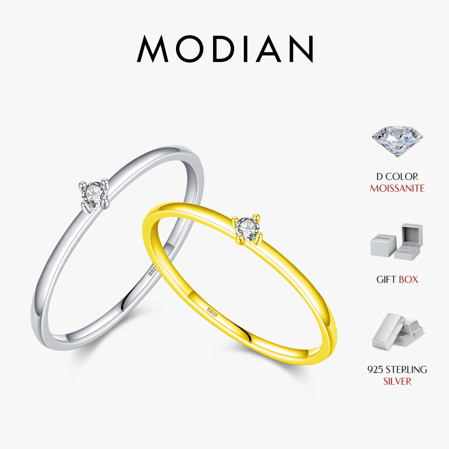 Modian requintado d cor redonda moissanite anéis de dedo 925 prata esterlina clássico cintilante jóias de casamento para presentes femininos