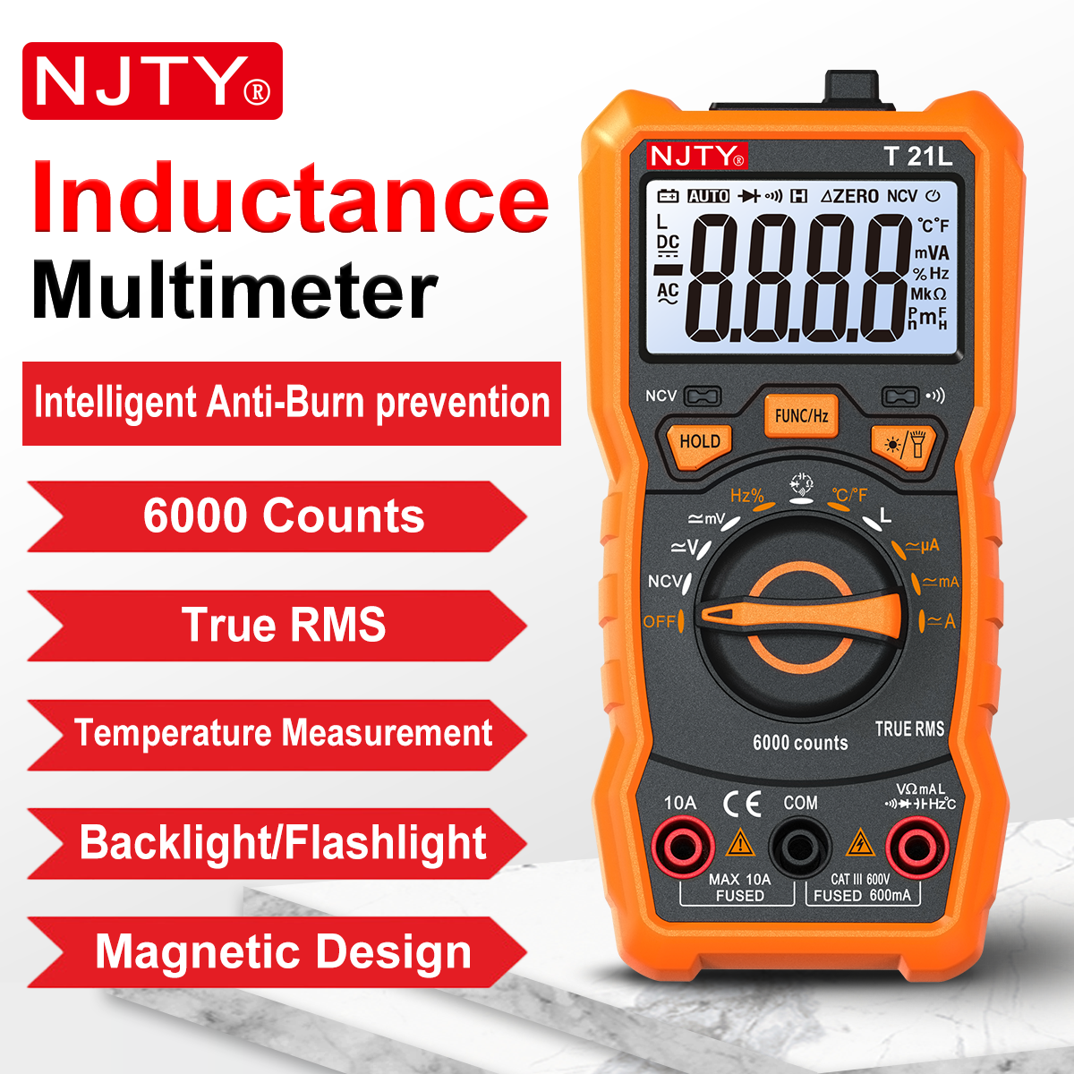 NJTY T21L Multímetro digital de inductancia 600μH-60H Ciclo de trabajo de rango 0,1-99% Temp DC AC Amp Voltaje Resistencia Capacitancia NCV Hz