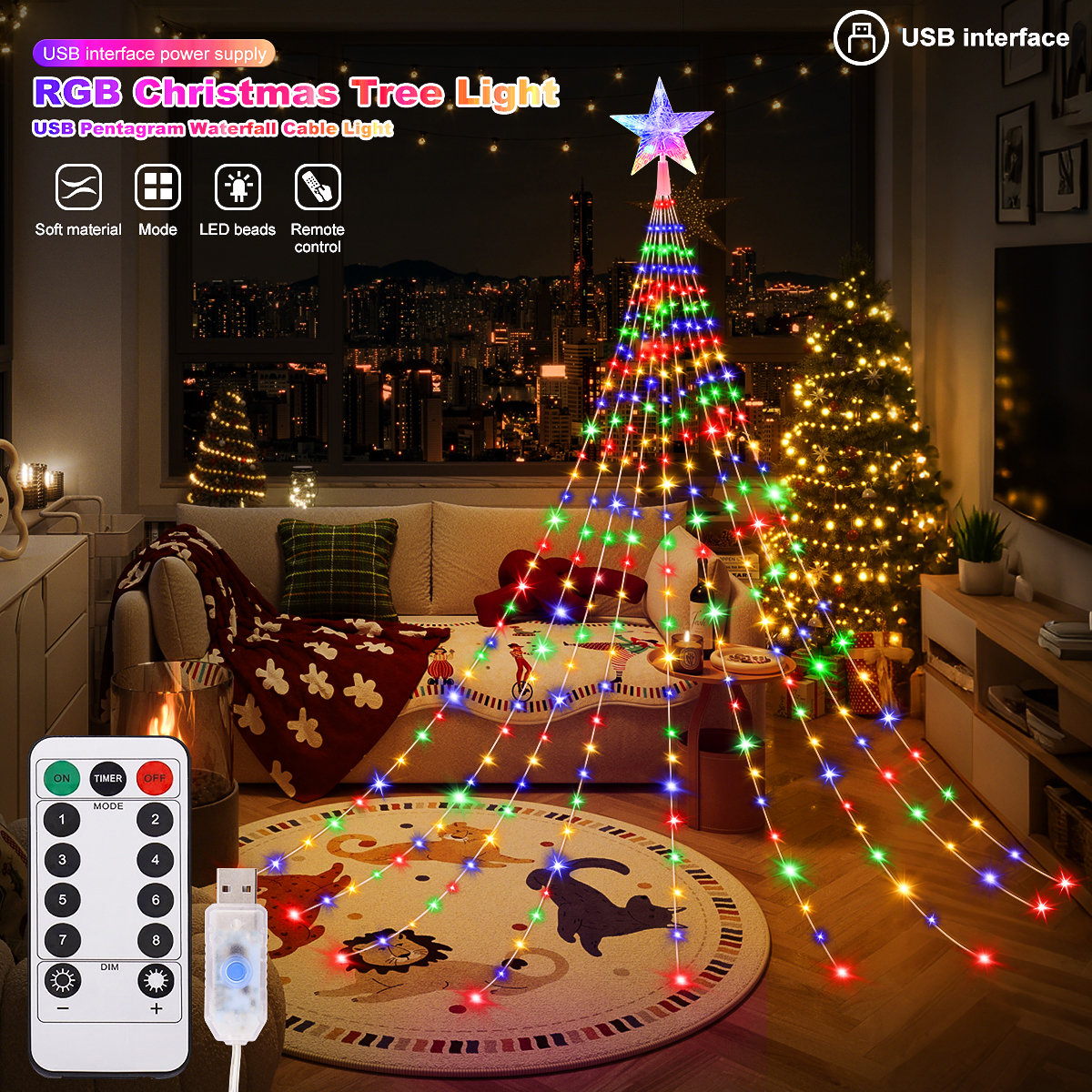 Guirnalda de luces navideñas con USB de 2M/3M, 8 modos de iluminación, guirnaldas de luces LED impermeables para habitación, dormitorio, fiesta de boda