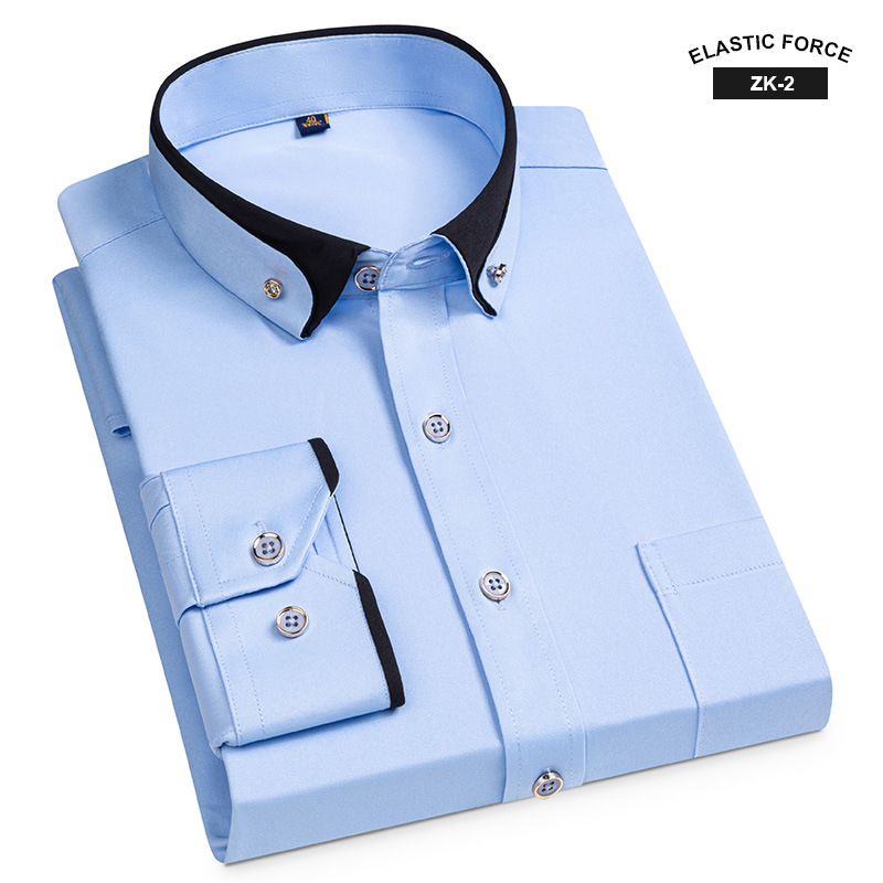 Nova moda primavera elástica não-ferro camisa de manga comprida masculina juventude botão de cristal retalhos colarinho não algodão camisa de negócios masculina