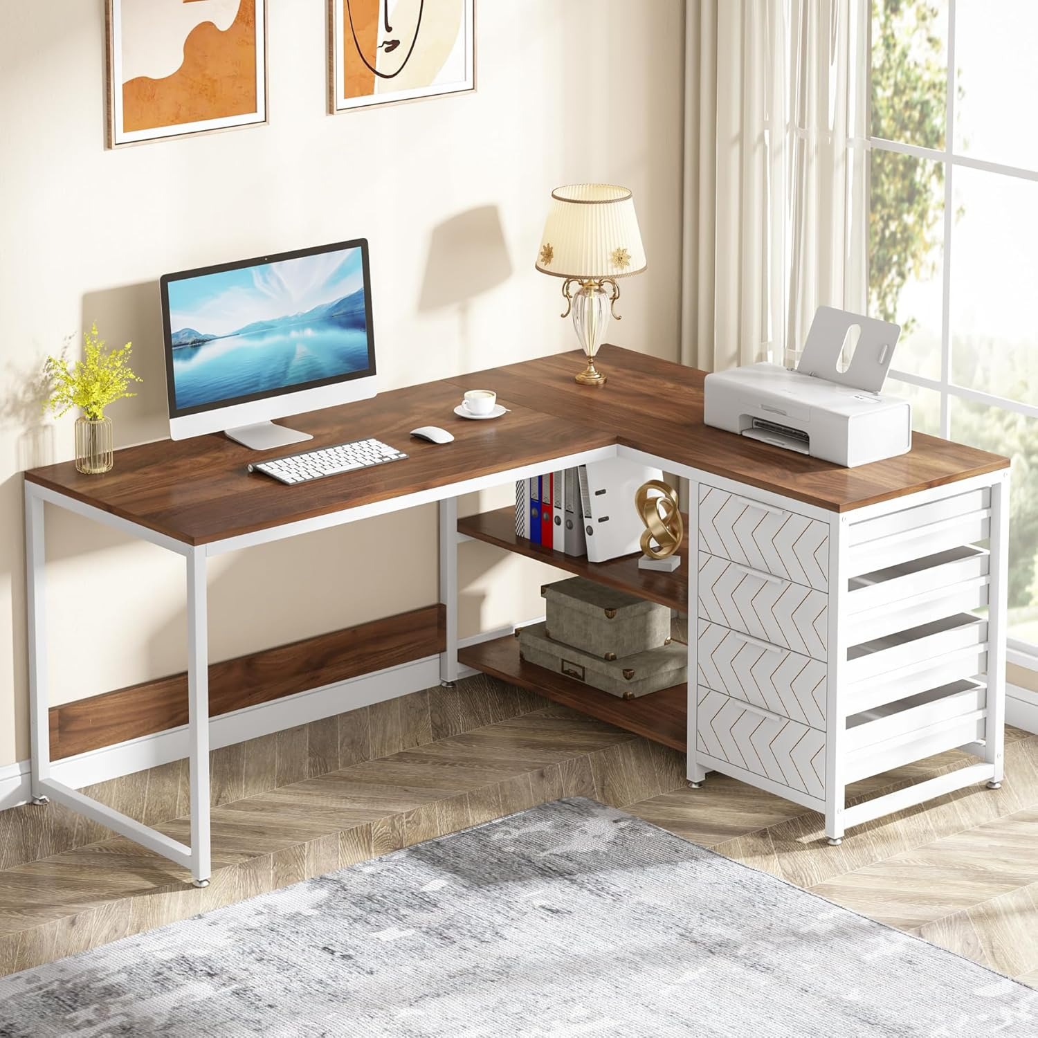 L-förmiger Computertisch mit Schubladen, 59-Zoll-Eckschreibtisch mit Regalen, Arbeitszimmer-Schreibtisch für das Heimbüro