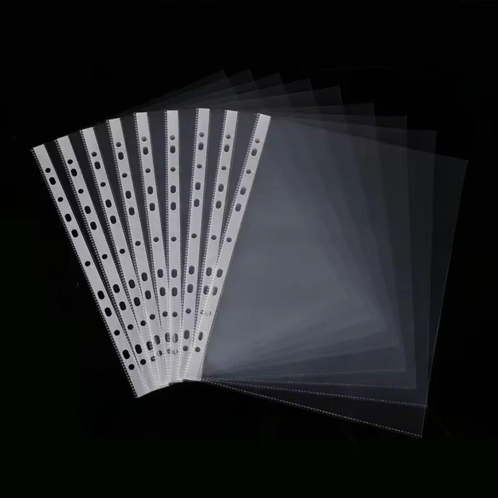 Carpetas de archivos perforadas de plástico transparente, 100 Uds., 11 agujeros, fundas para documentos A4, bolsa protectora para documentos de hojas, suministros de oficina