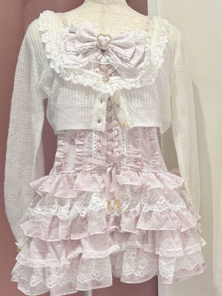 Japanisches Sweet-Lolita-Set: 2-teiliges Cardigan-Kleid mit Spitze und Blumenmuster, Damen-Minikleid mit Schleife und Rüschen, Langarm-Strick-Überwurf-Outfit