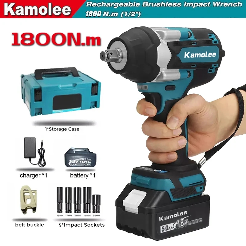 Kamolee Elektrische Slagmoersleutel Borstelloze Draadloze Elektrische Sleutel 1/2 inch Oplaadbaar Toepassen op 18V 21V Batterij