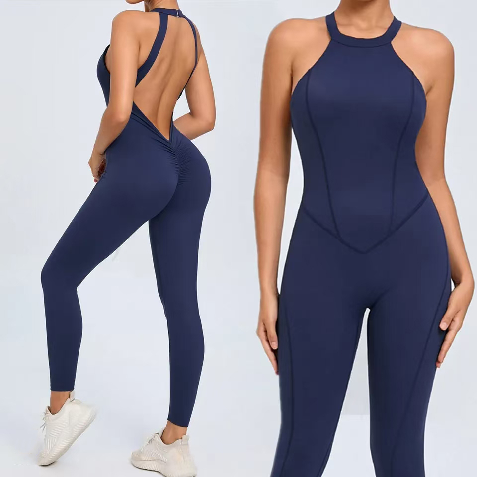 2024 RompersชุดโยคะแขนกุดกางเกงJumpsuitสําหรับผู้หญิงฟิตเนสออกกําลังกายเสื้อผ้าออกกําลังกายเปิดกลับชุดกีฬาพร้อมแผ่นหน้าอก