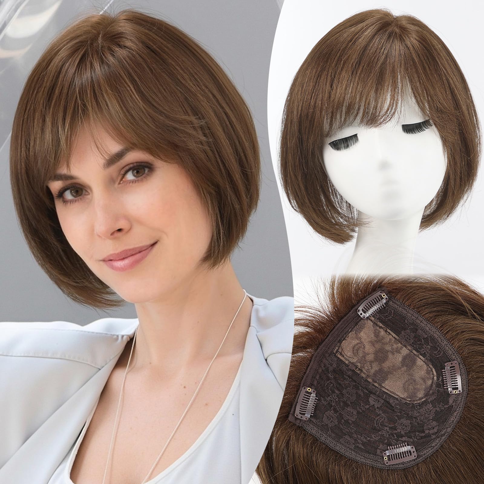Adornos de cabello humano Real marrón, 10 pulgadas, cortos, 6,5x6,5 pulgadas, Base grande, piezas de cabello, 4 Clips para mujeres con flequillo, parte lateral