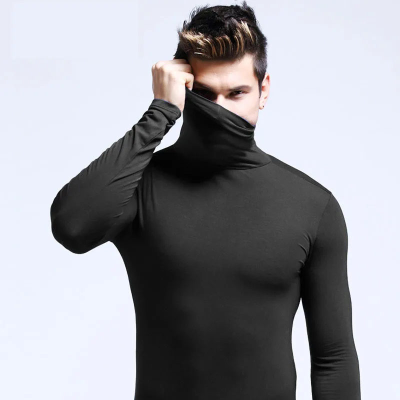 Męskie golfy T-shirty codzienne jesień zima wysoki kołnierz nowy slim długi rękaw elastyczny model podkoszulek plus size
