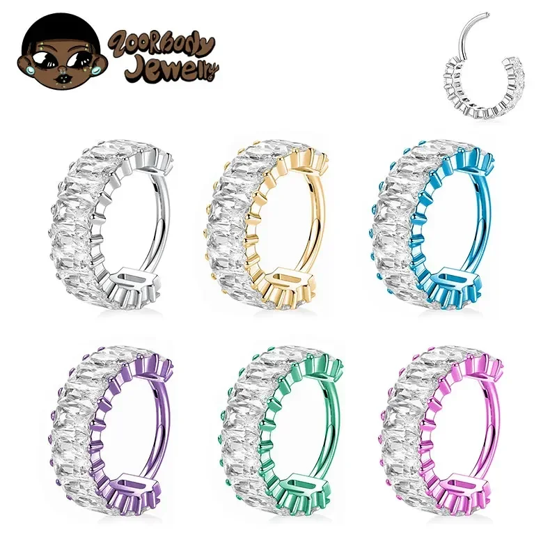 ASTM F136 Titanium Luxe Vierkante Zirconia Septum Clicker Piercing 16G Neus Oorbellen Hoop Helix Tragus Vrouwen Anodiseren Sieraden